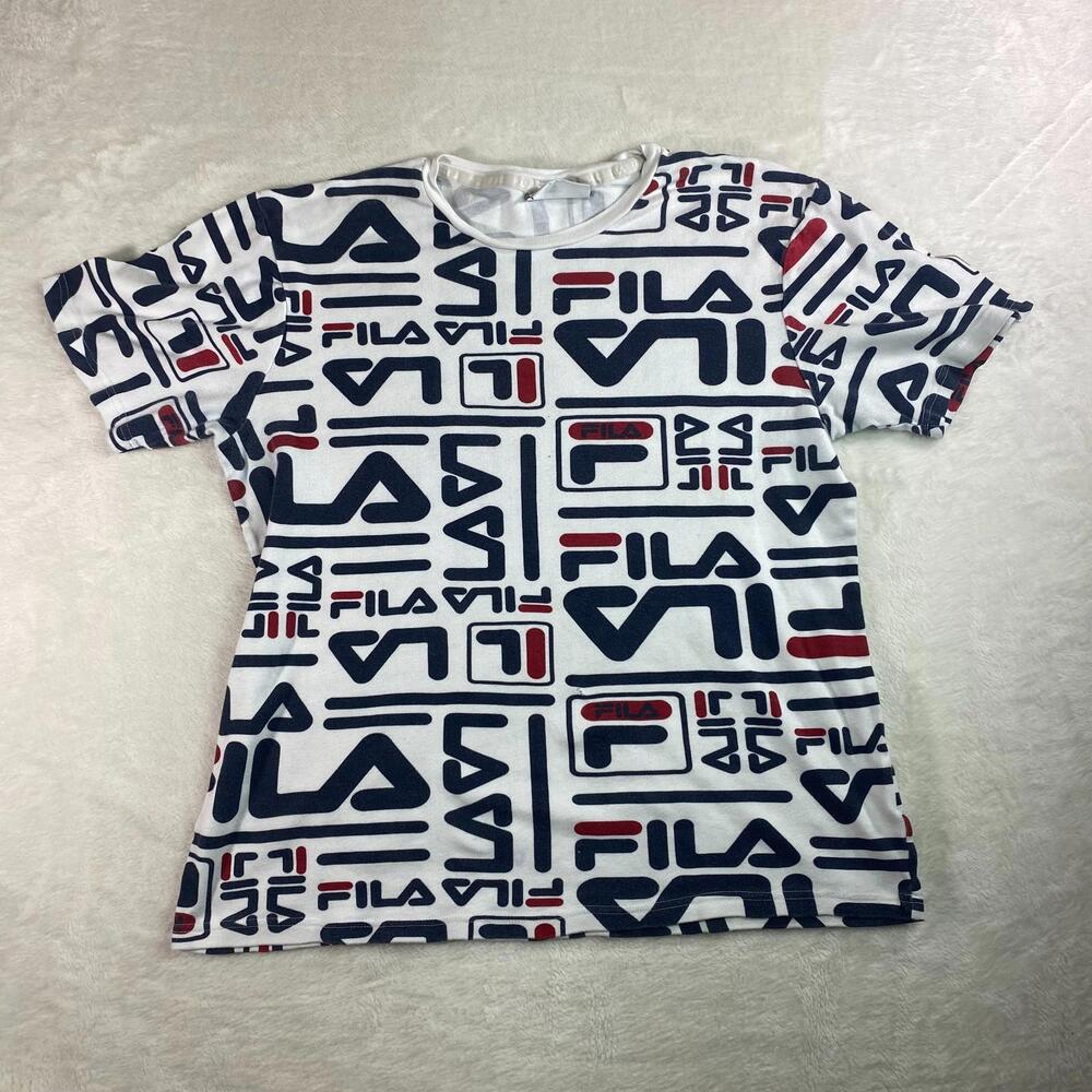 Fila All Over Print Logo T-Shirt White Red Blue Mens‎ Size Large Streetwear